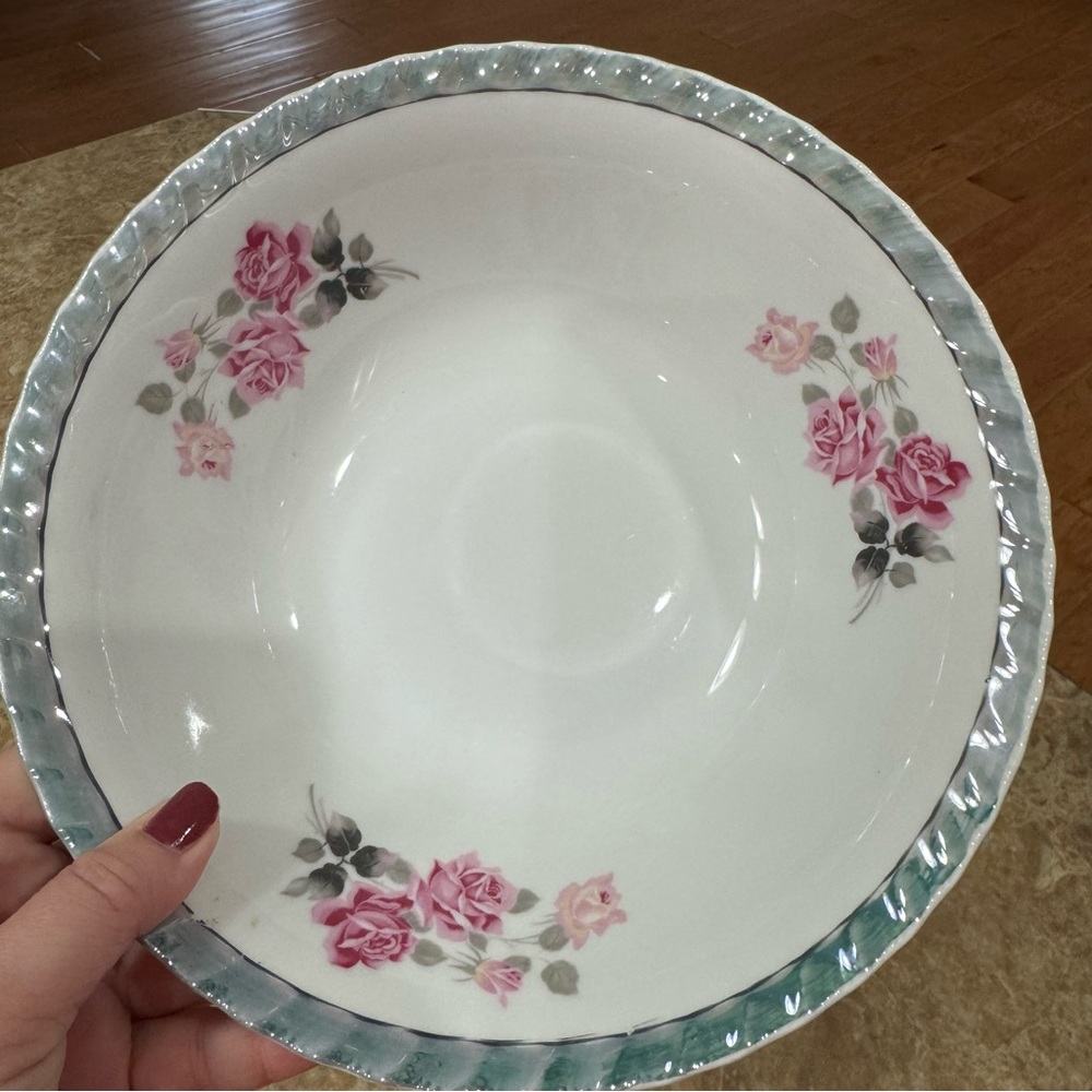 Vintage Yamatsu Japanese Lusterware 9” Bowl Pink Roses Teal Rim Cereal Dessert